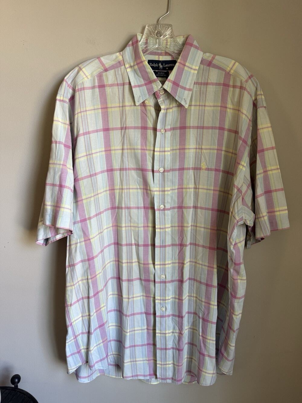 Vintage Ralph Lauren Shirt Mens Large Yellow Pink Blake Button Down Plaid Pony